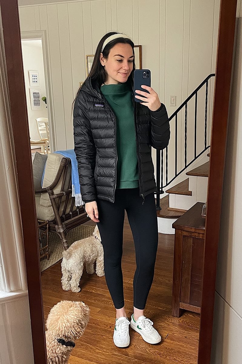 warm puffer jacket outfit idea