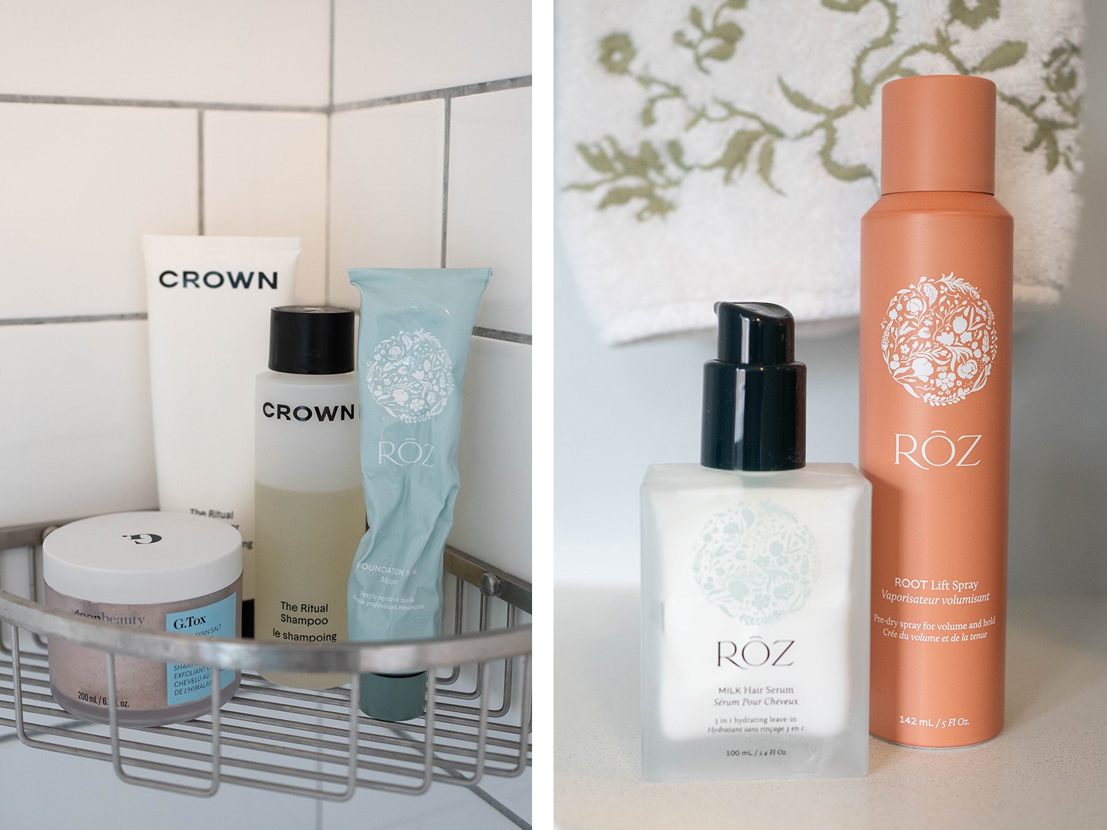 Side by side photos of shampoo and hair products